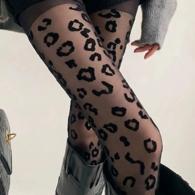 Leopard Print Sexy Pantyhose Women's Retro Print Pantyhose Black Super Stretch Thin Bottoming Tights Y2k Slim Stockings
