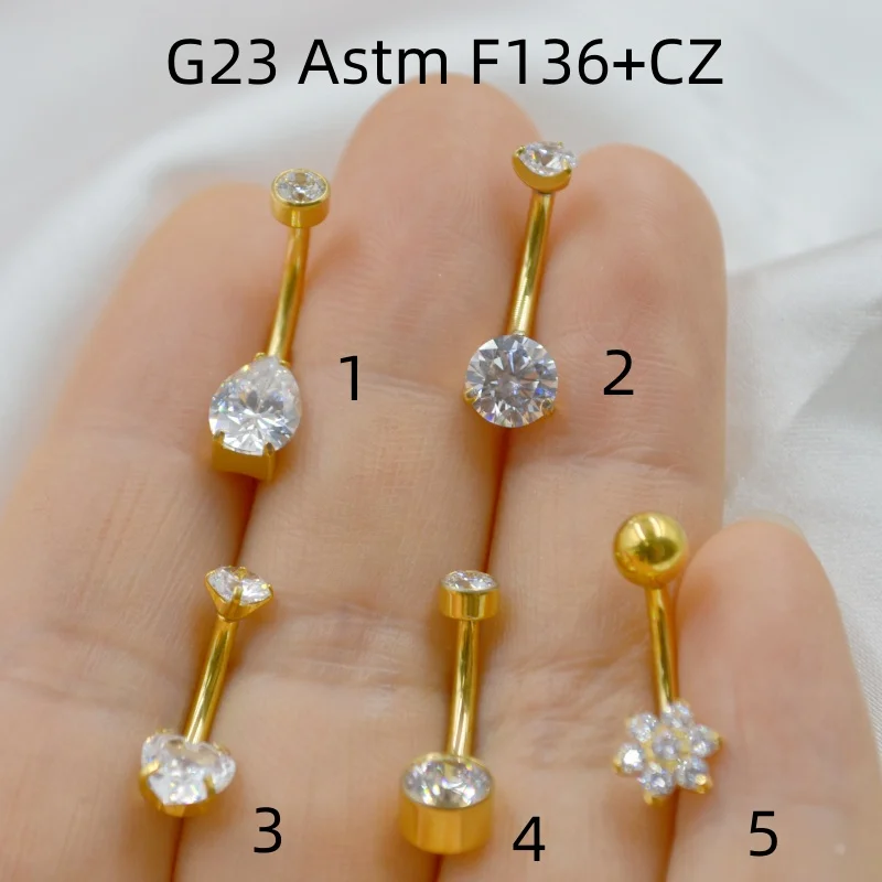 

10PC Body Jewelry-PVD Gold G23 Titanium CZ Smart Navel Belly Button Body Piercing 14Gx10x4/6mm Navel Curve Barbells Belly Rings