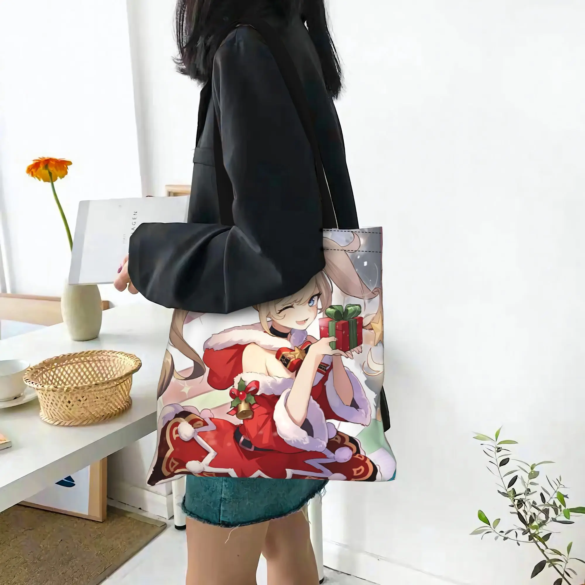Customized Golden Hair Christmas Anime Pattern Women's Bag Shopping Bag Reusable Double Sided Canvas Tote Bag Shoulder  Handbag