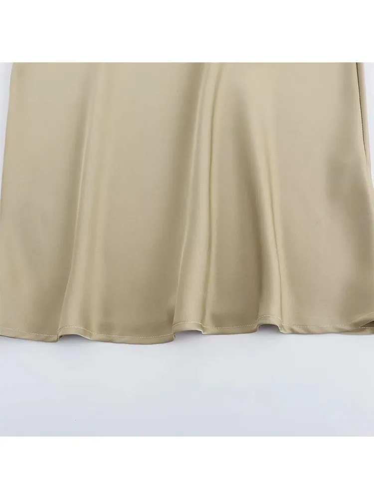 Zadata Dames Nieuwe Slim Fit Ronde Hals Mouwloze Geplooide Decoratieve Zijden Satijnen Midi Jurk