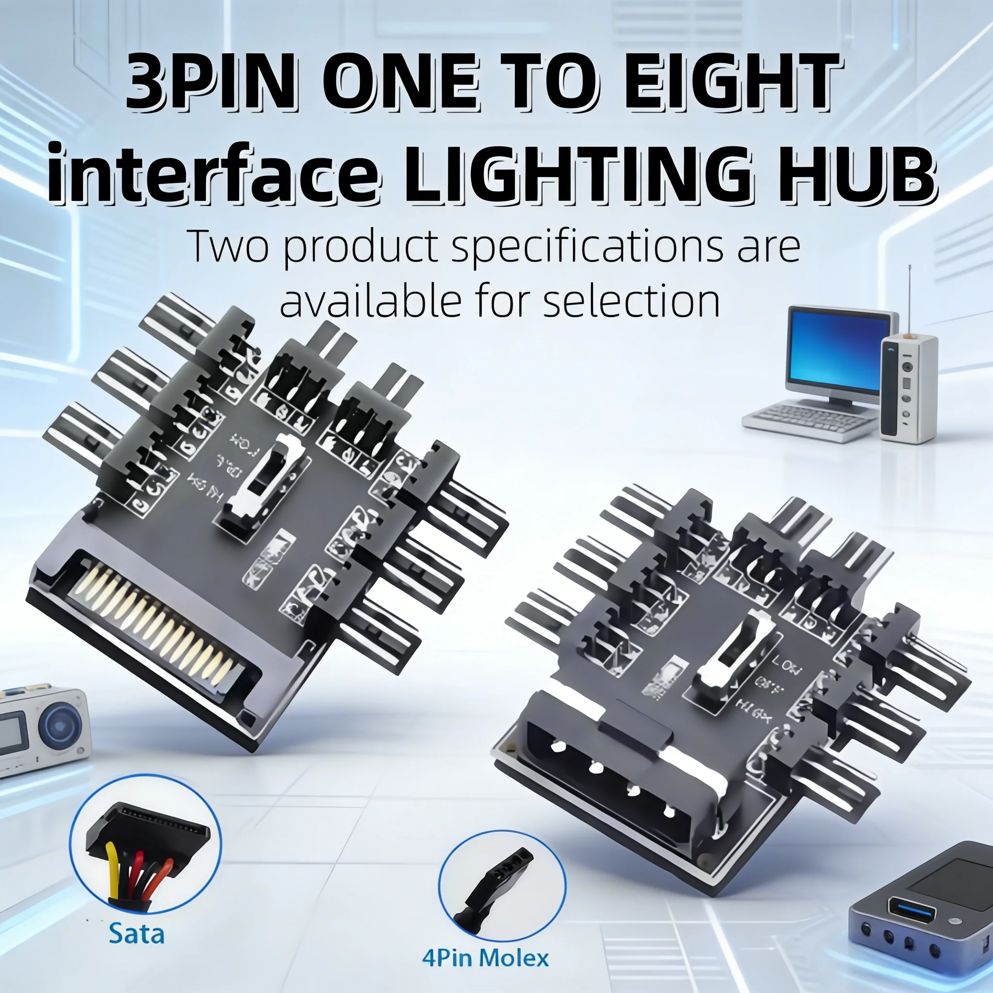 12V SATA/4PIN 1 to 8 3-Pin Power Socket PCB Adapter/Splitter/Cooling Fan Hub, 3-Level Speed Control, PC Computer IDE Molex.