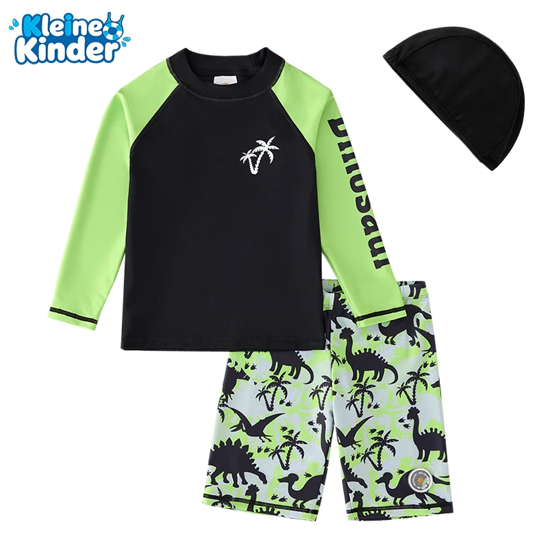 Toddler Boys Dinosaur Swimwear Set Long Sleeve Rash Guard Top Swim Trunks with Matching Swim Hat UPF50 Sun Safe Water Outfit
