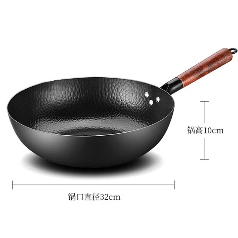 Wok in ghisa fatto a mano 32cm padella antiaderente Wok padelle pentola per uso domestico coperchio in legno fornello a Gas fornello a induzione