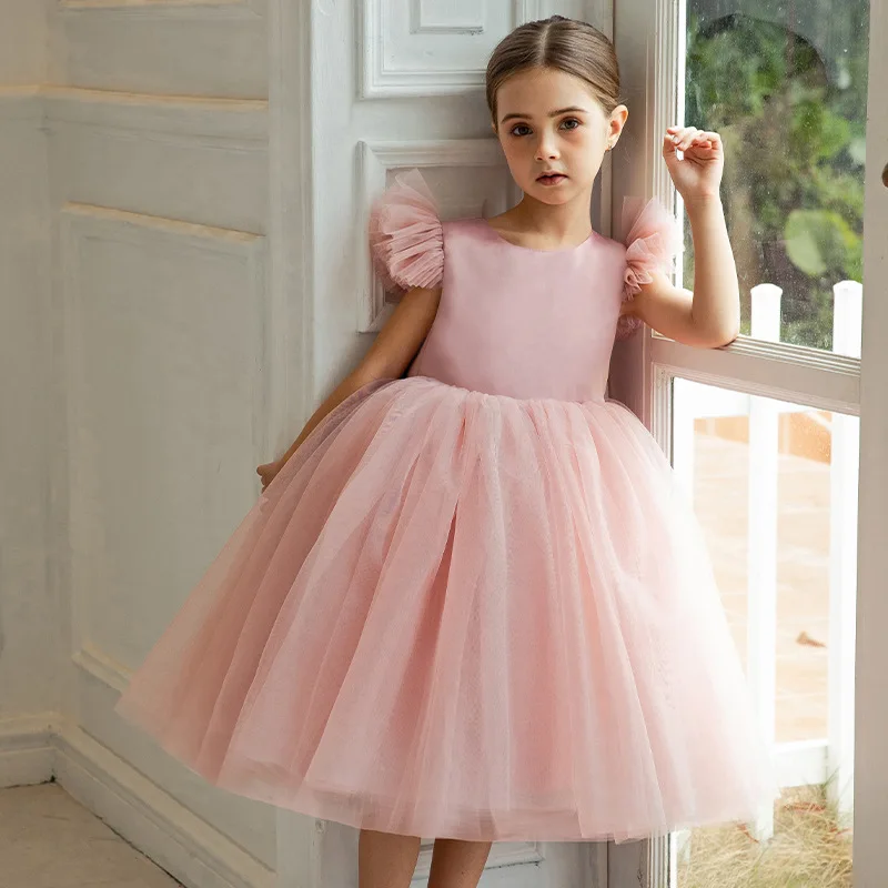 2026 Kids Girls First Birthday Tulle Princess Dress Children Party Flower Gir Host Piano Formal Pageant Gown Fly Sleeve Costume