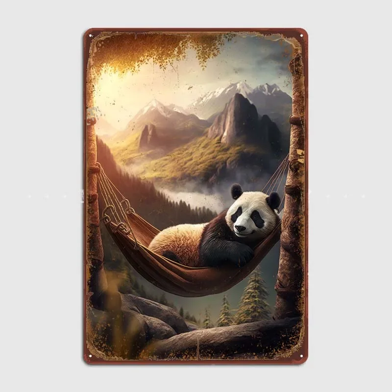 Chilling Hammock Panda Metal Wall Art Mural Retro Metal Sign Vintage Home Decor Items Home Decoration Accessories Poster Room