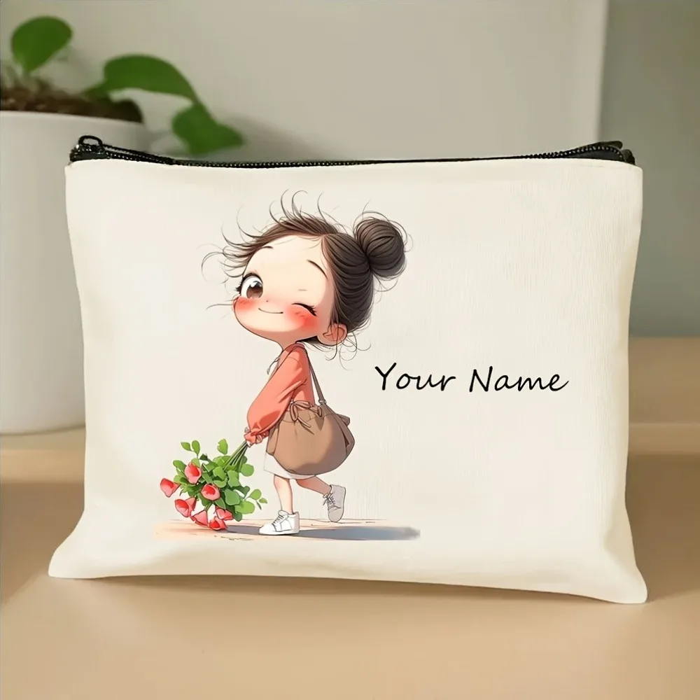 Bolsa de maquillaje de Chica de Anime de estilo coreano, estuche de belleza con nombre personalizado/texto, organizador de viaje de tela duradera, bolsa de almacenamiento de regalo elegante para mujer