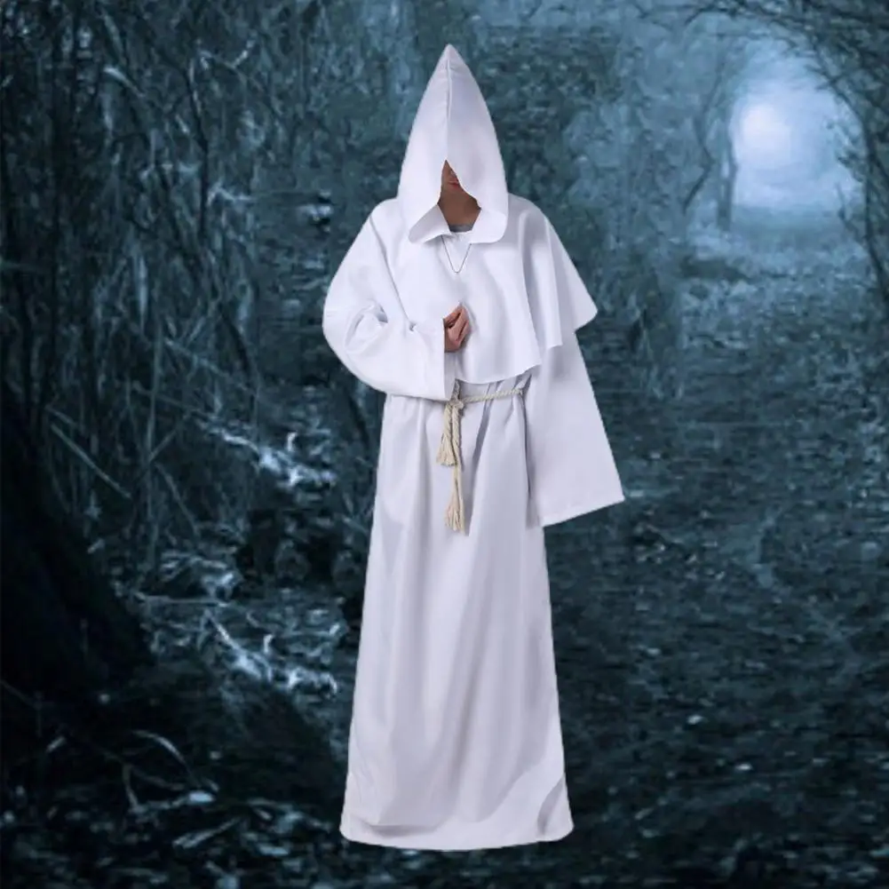 

Unisex Halloween Outfit Monk Witch Pastor Halloween Costume Set with Hooded Robe Belt Necklace for Parties Role-playing