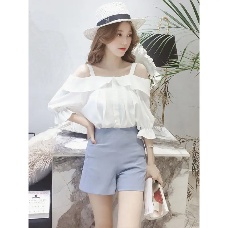 Women Summer Fashion Sweet Ruffles Solid Color Slash Neck Short Sleeve Chiffon Shirts Women Clothes Casual All-match Trend Tops