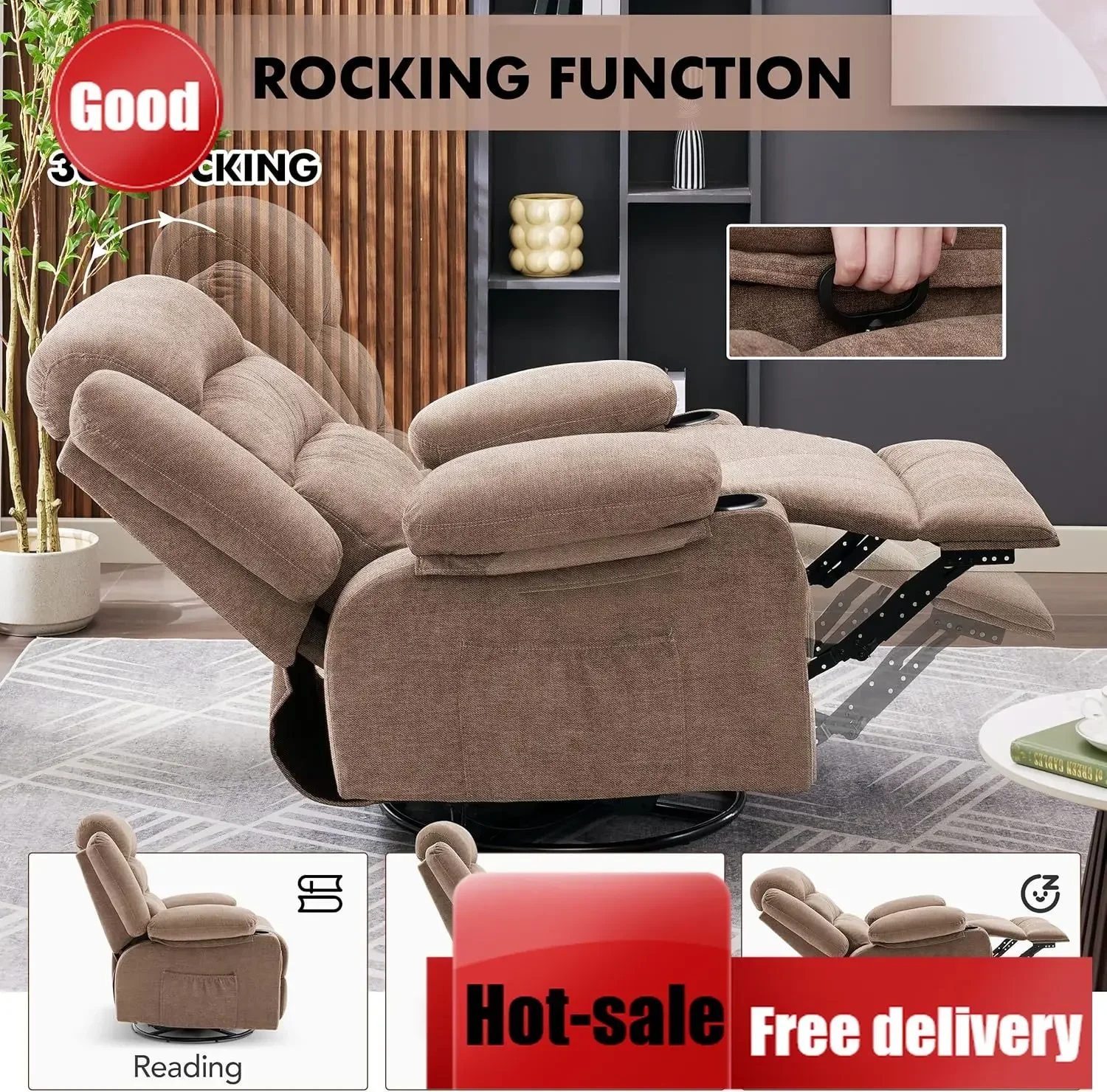 Manual Brown Oversized Swivel Rocker Recliner Chair Heat Massage Nursery Rocking Seat Cup Holders Adult Lazy Sofa