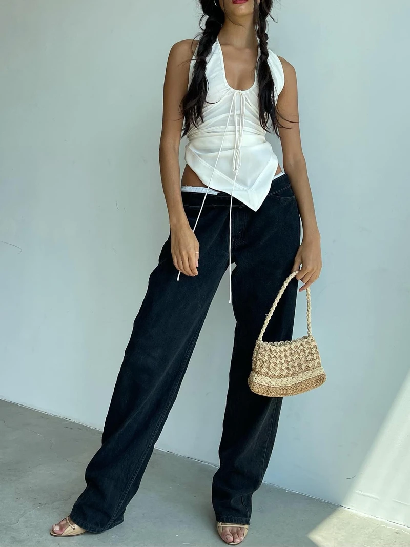 Summer Asymmetrical Design Svel Bal Top with Dstring Neline Trendy Blogger Sle Small Batch Production