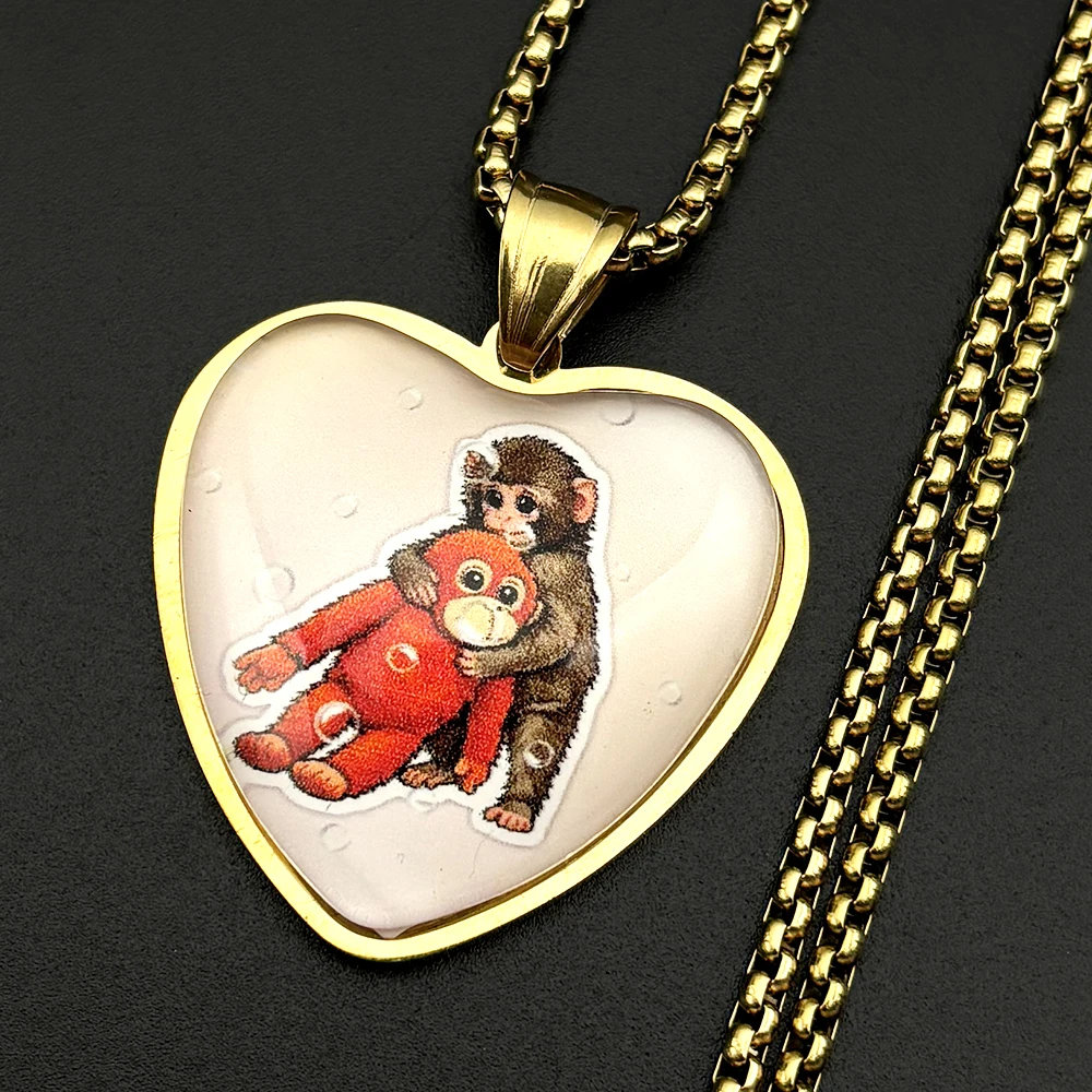 Y2K Affen-Puppe Herzanhänger Halskette Niedlicher Ästhetischer Schmuck Retro Cartoon Edelstahl Glaskette Hip-Hop Geschenk – Detail 4