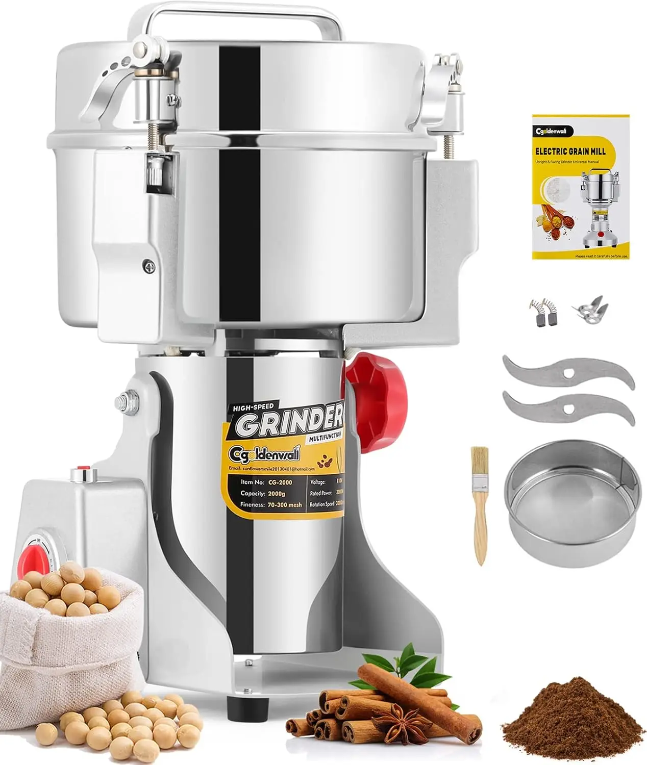 2500g Electric Grain Grinder Mill Safety Upgraded 3600W High-speed Spice Herb Grinder Commercial Superfine Machine D