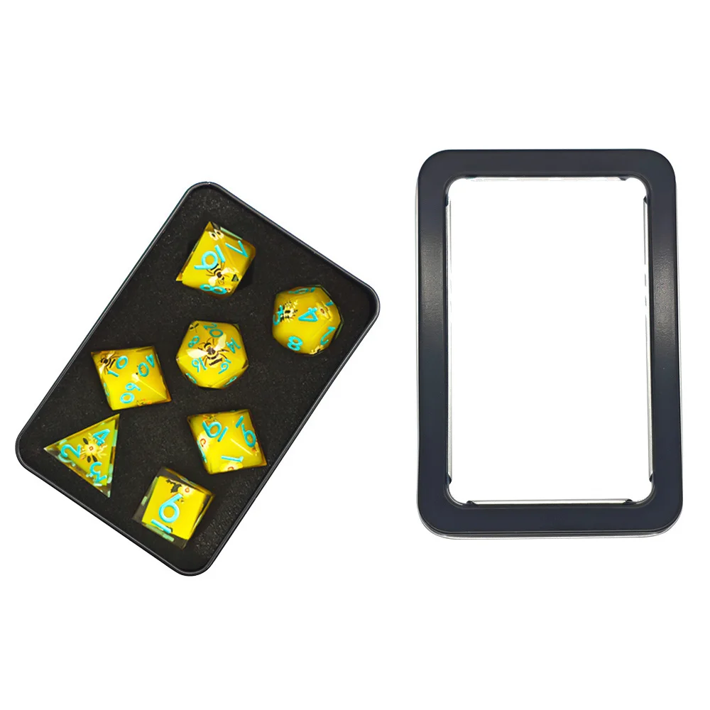7pcs/set Bees and Flowers Yellow Color Sharp Dice Set with Ractangle Tin Box Pacakge for Dungeons and Dragons Games Accessory