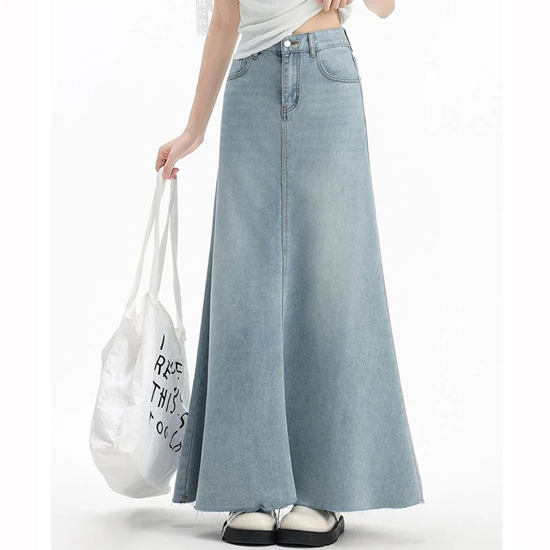 Summer Female Light Blue High Waist Jeans Skirts Women Fashion Thin Mid-Long Denim Skirts Girls Chic Korean Solid Denim Dress