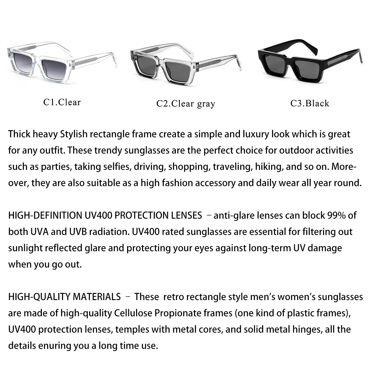 Ruiao retro thick rectangle sunglasses high quality luxury man shades designer women sun square glasses 2024 transparent gray