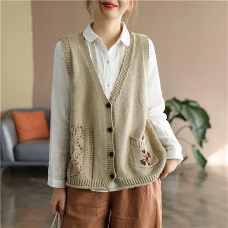 New Vest Vintage Knitted Cardigan Sweater V-Neck Vest Women 2023 Spring New Sleeveless Vest Printed Vest Cardigan Female Tops