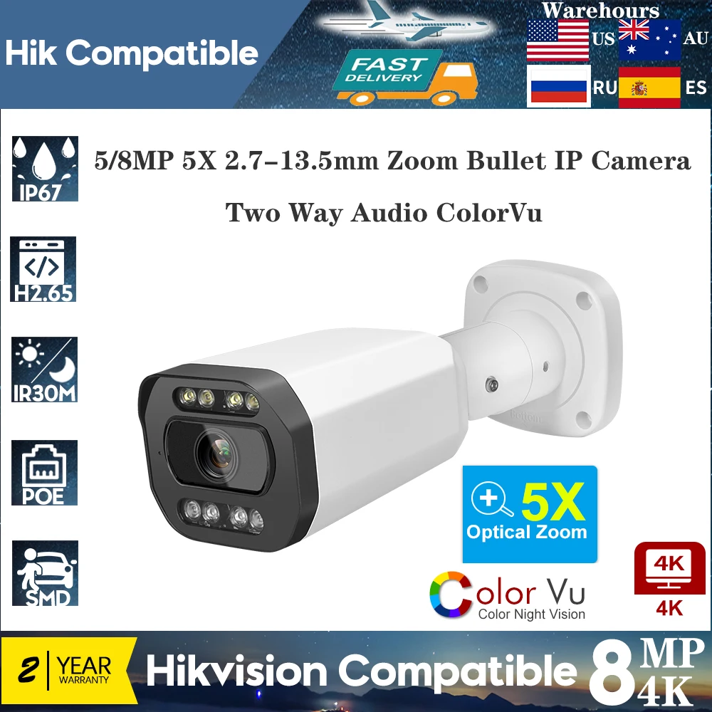 

Hikvision Compatible 8MP 5MP 5X Zoom ColorVu Bullet IP Camera 2.7-13.5mm Two Way Audio POE Audio Human Vehicle Detect Home CCTV0