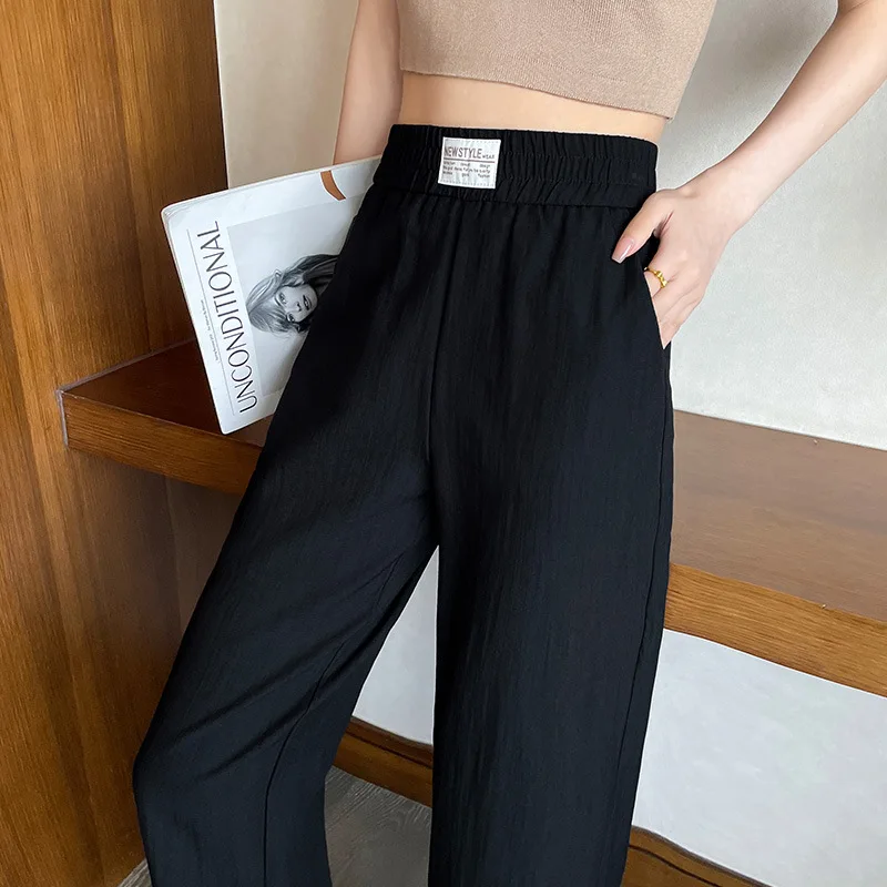 Ice Silk Narrow Wide-Leg For Women, Summer Hot-Selling Casual Straight-Leg High-Waisted, Draped, Thin, Cool Pants, Sun-Proof