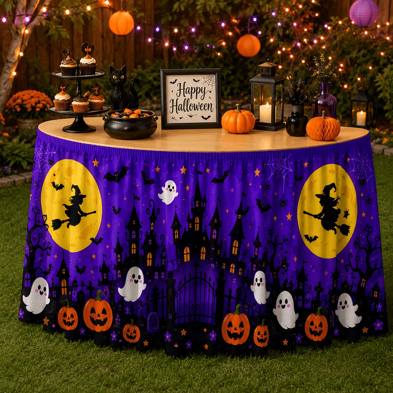One tablecloth or table skirt. Purple night-time cartoon Halloween table skirt. Witch silhouette. Ghost lantern. Pumpkin.zyc