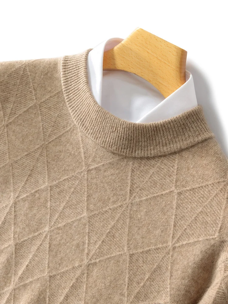 Men's Autumn Winter Cashmere Sweater Mock Neck Long Sleeve Pullover Rhombus Knit Smart Casual Thick 100% Merino Wool Knitwear