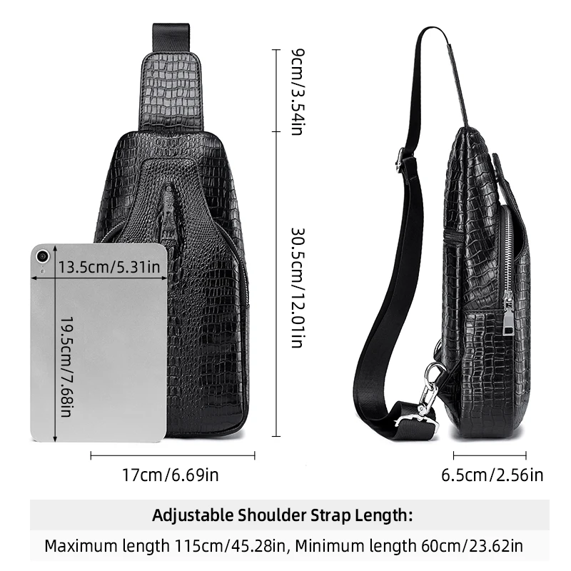 Men's Genuine Crocodile-Textured Leather Chest Bag – Durable Crossbody Sling Pack for Travel, Commuting & Daily Use