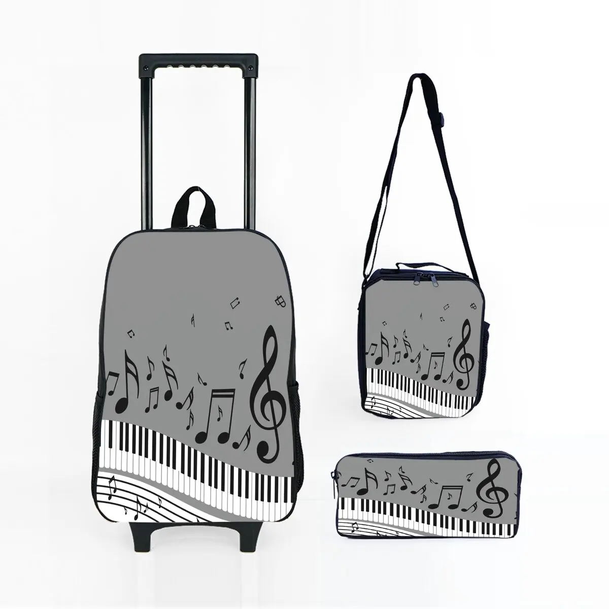 Piano Note Print Children's Wheeled Rolling Bag Set with Lunch Box Pen Bag with Wheels School Trolley Backpack Bag for Girl/Boys