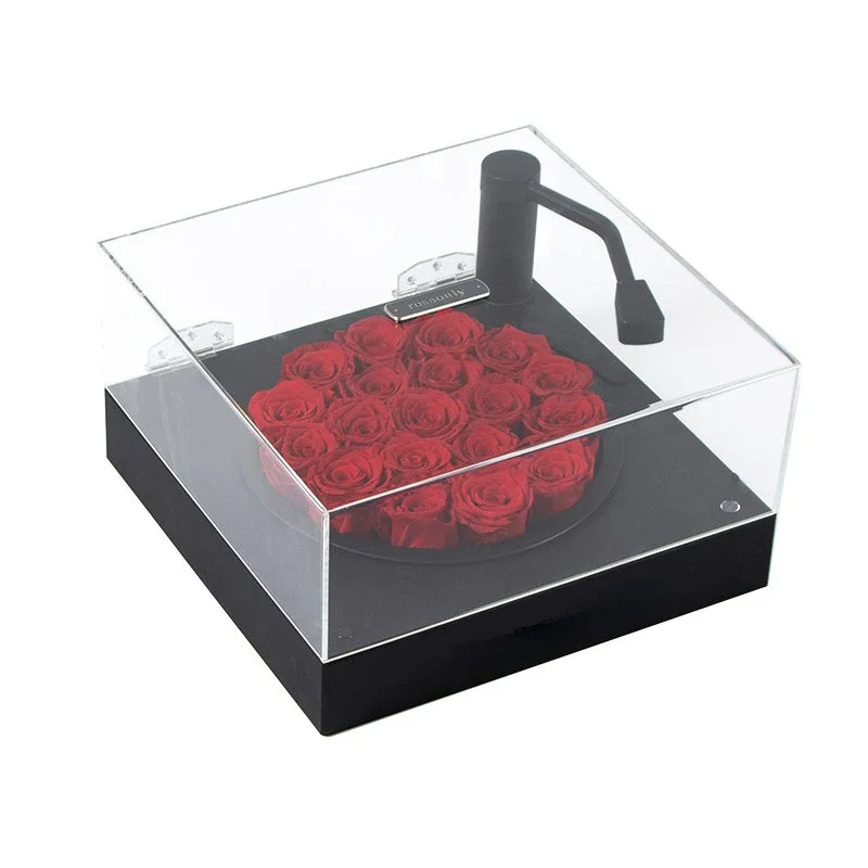 Luxury square clear acrylic bo rose box with phonograph for Valentine's day birthday party gift box