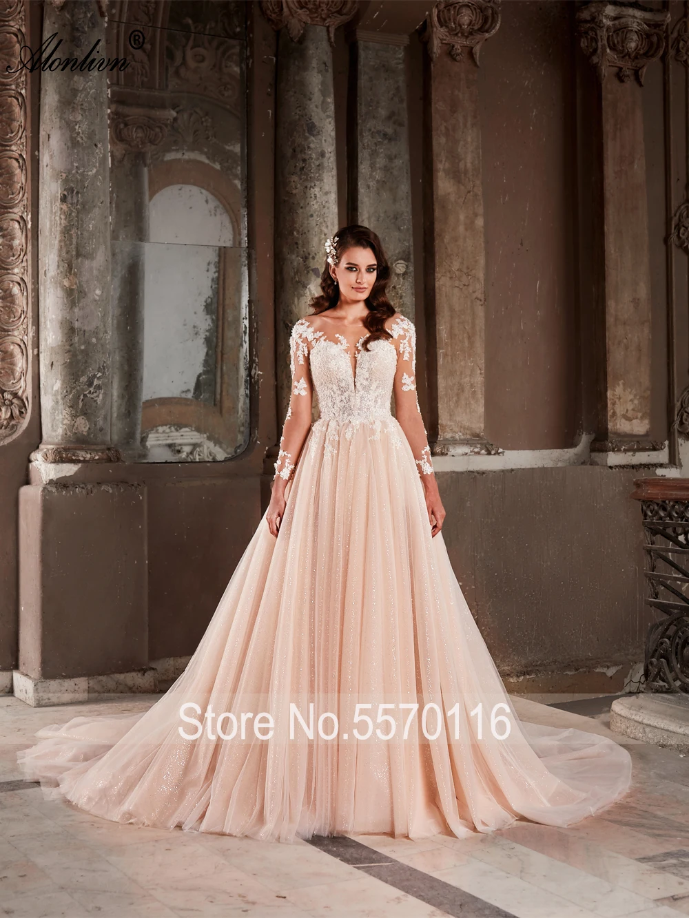 Alonlivn Shiny Tulle Illusion Sweetheart A-Line Wedding Dresses Beading Appliques Lace Full Sleeves Bridal Gowns