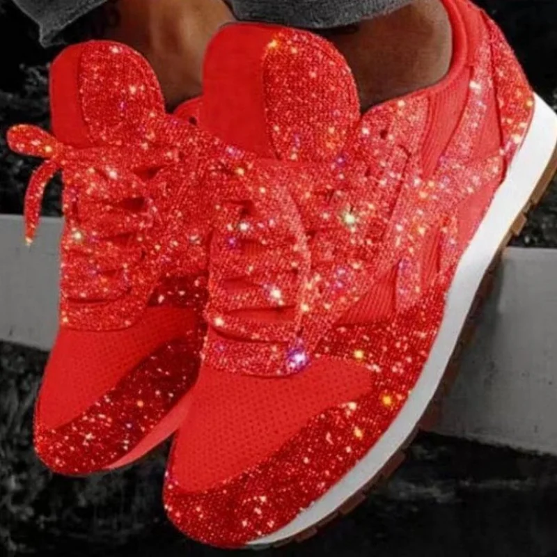 2023 New Women Casual Shoes Fashion Breathable Walking Lace Up Flats Shoe Sneakers Women Tenis Feminino Crystal Shining Flat