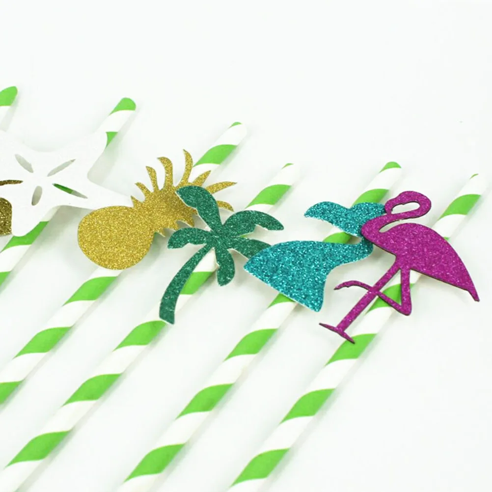 

24Pcs Decorative Paper Straws Flamingo Pineapple Coconut Tree Hawaiian Party Straws Luau Bbq Drink Paper Straw