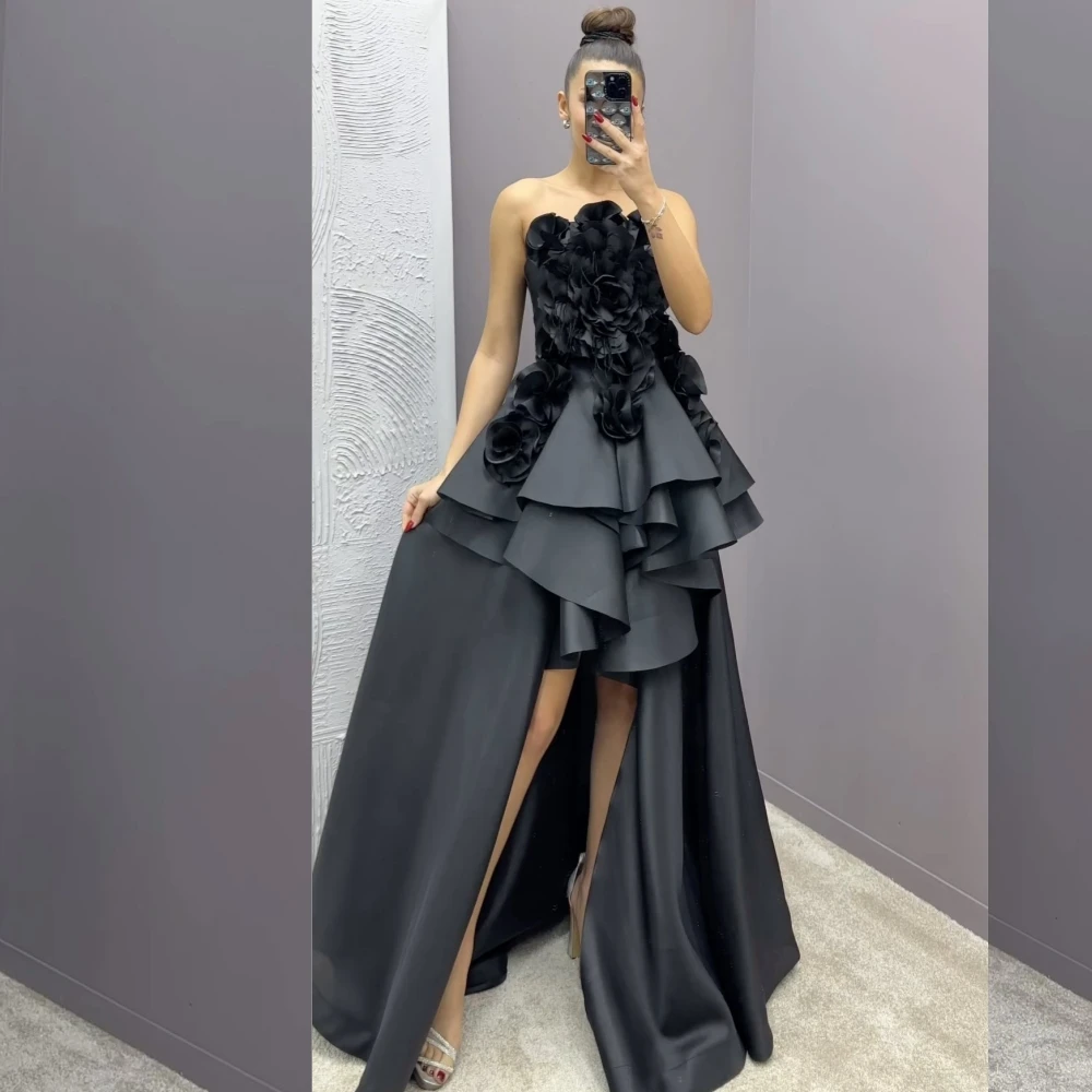 Customized Jersey Flower Pleat Valentine's Day Asymmetrical Strapless Bespoke Occasion Gown  Hi-Lo Dresses