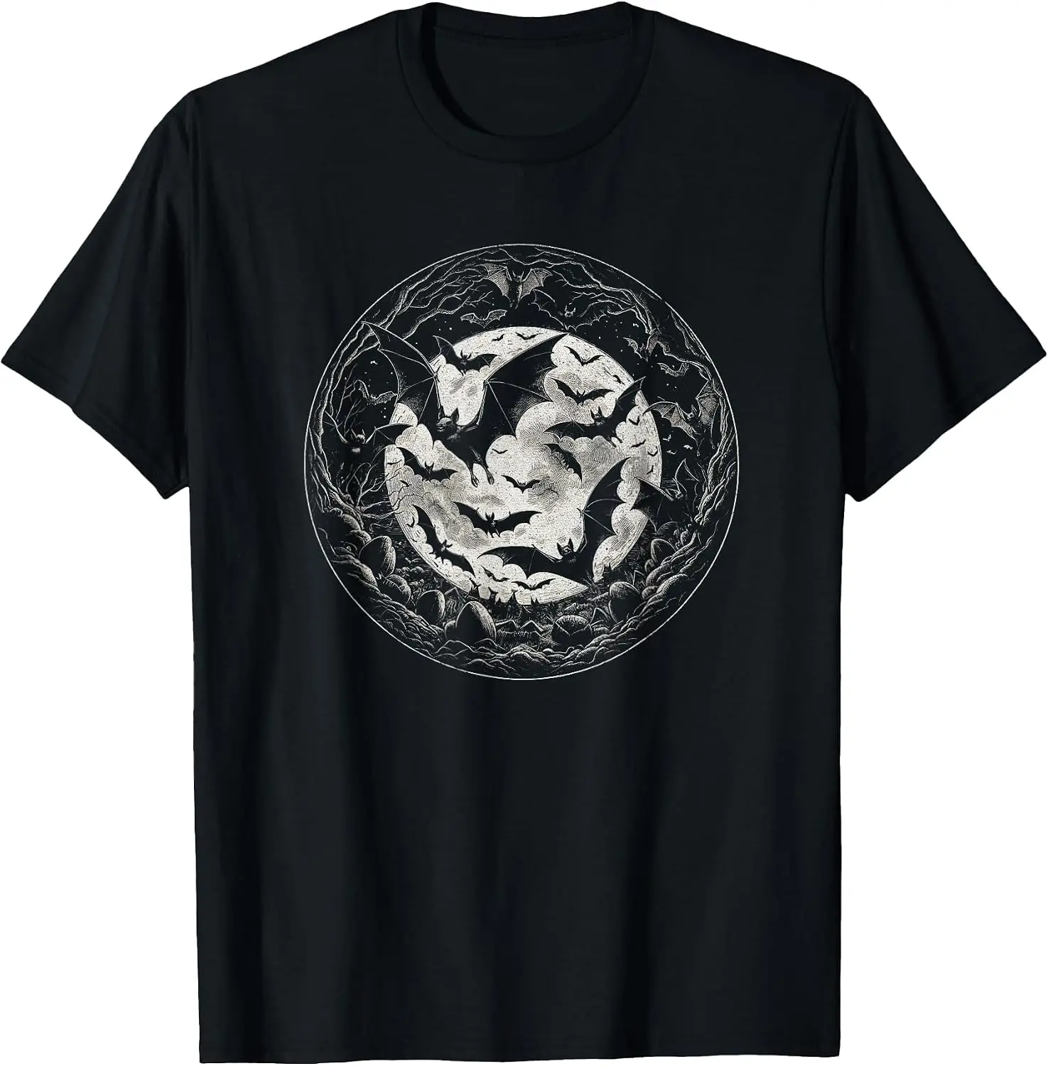Moon Graphic Bats Gothic Art Design For Women And T-Shirt Men's Spooky Halloween Graphic Print T‑Shirt, Crew Neck Short Sleeve Casual Cotton Tee For Holiday Party Daily Street Wear.