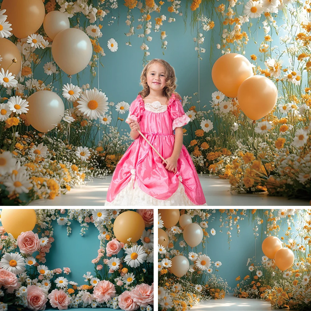 

Baby Girl's 1st Birthday Backdrops for Photography Little Daisy Balloon Party Decor Background Kids Portrait Photographic Props