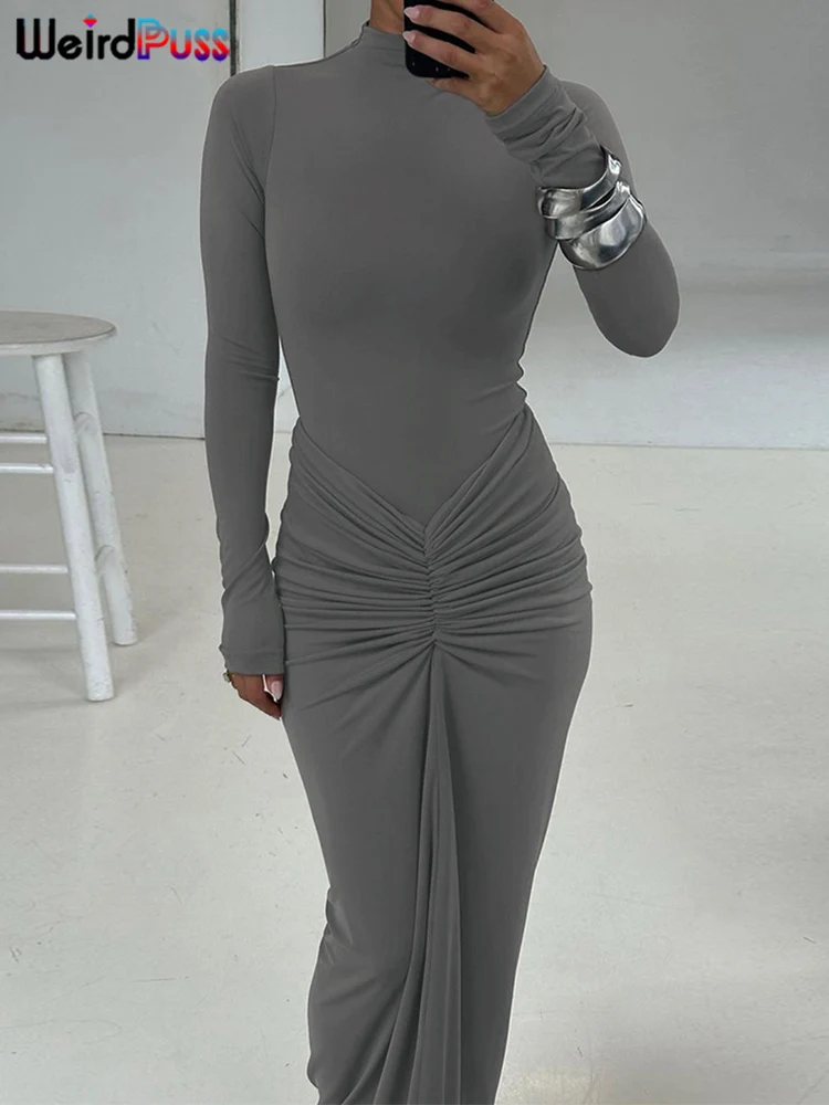 Raar Poes Hipster Ruches Jurk Vrouwen o-halsFull Mouw Skinny Stretch Gewaad Herfst Trend Eenvoudige Klassieke Plooien Lange Bodycon
