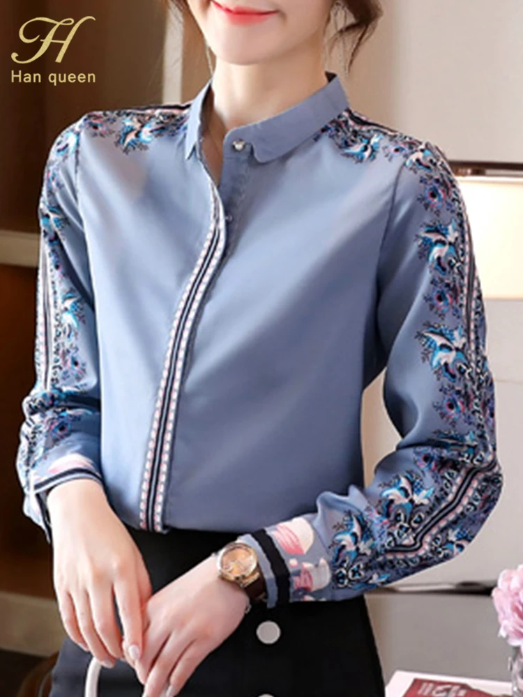 H Han Queen New Office Lady Blusa Vintage Print Tops Simple Elegant Chiffon Women Blouses Korean Chic Long Sleeve Casual Shirts