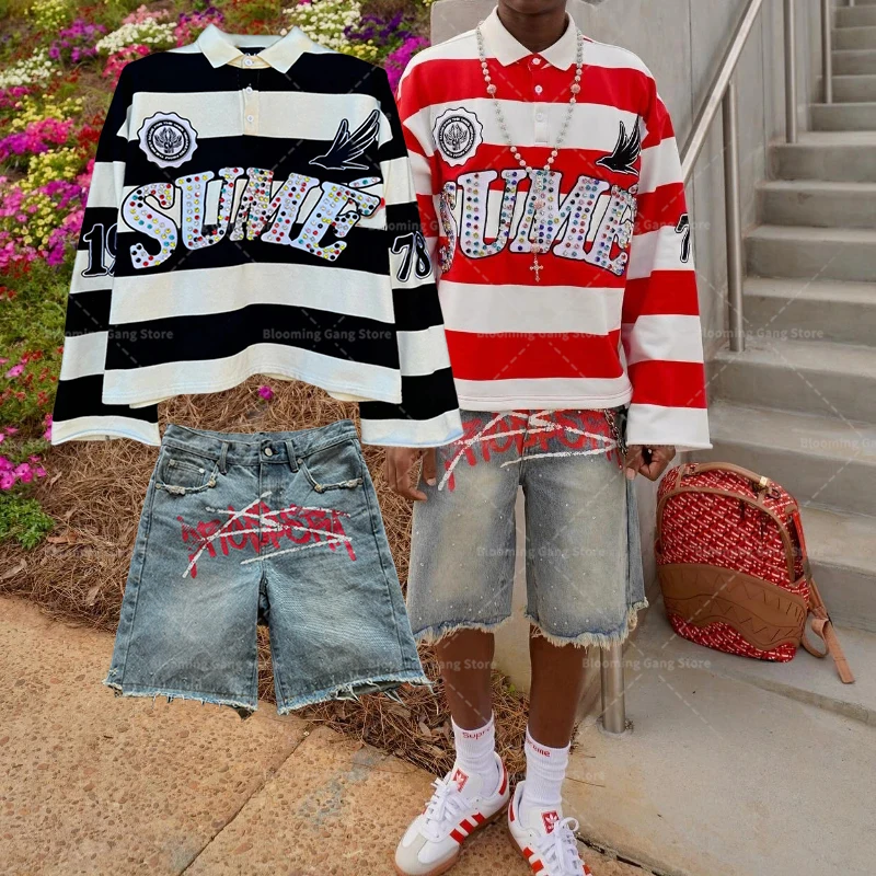 Y2K Letter Sume Conjunto de camisa de 2 piezas Camisa polo de rugby con rayas de diamantes Conjunto de camisa de manga larga de gran tamaño unisex clásico vintage Jeans