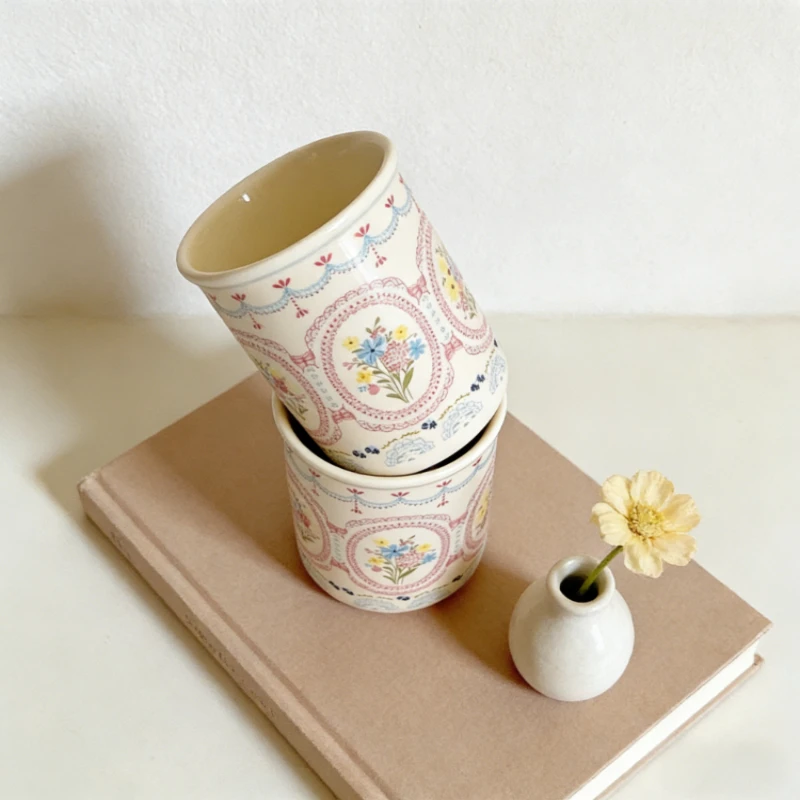 Bead Curtain Embossed Floral Straight Cup Artistic Casual Mug Afternoon Tea Ceramic Cups Home Drinking Cups Exquisite Tableware