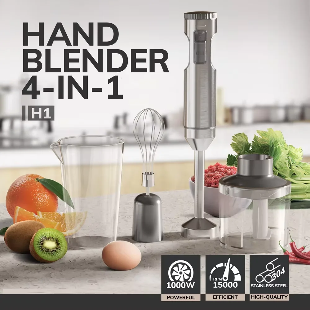 Hand Immersion Blender Powerful 4-in-1,Stainless Steel Stick Food Mixer,700ml Mixing Beaker,500ml Processor,Whisk,220-240V