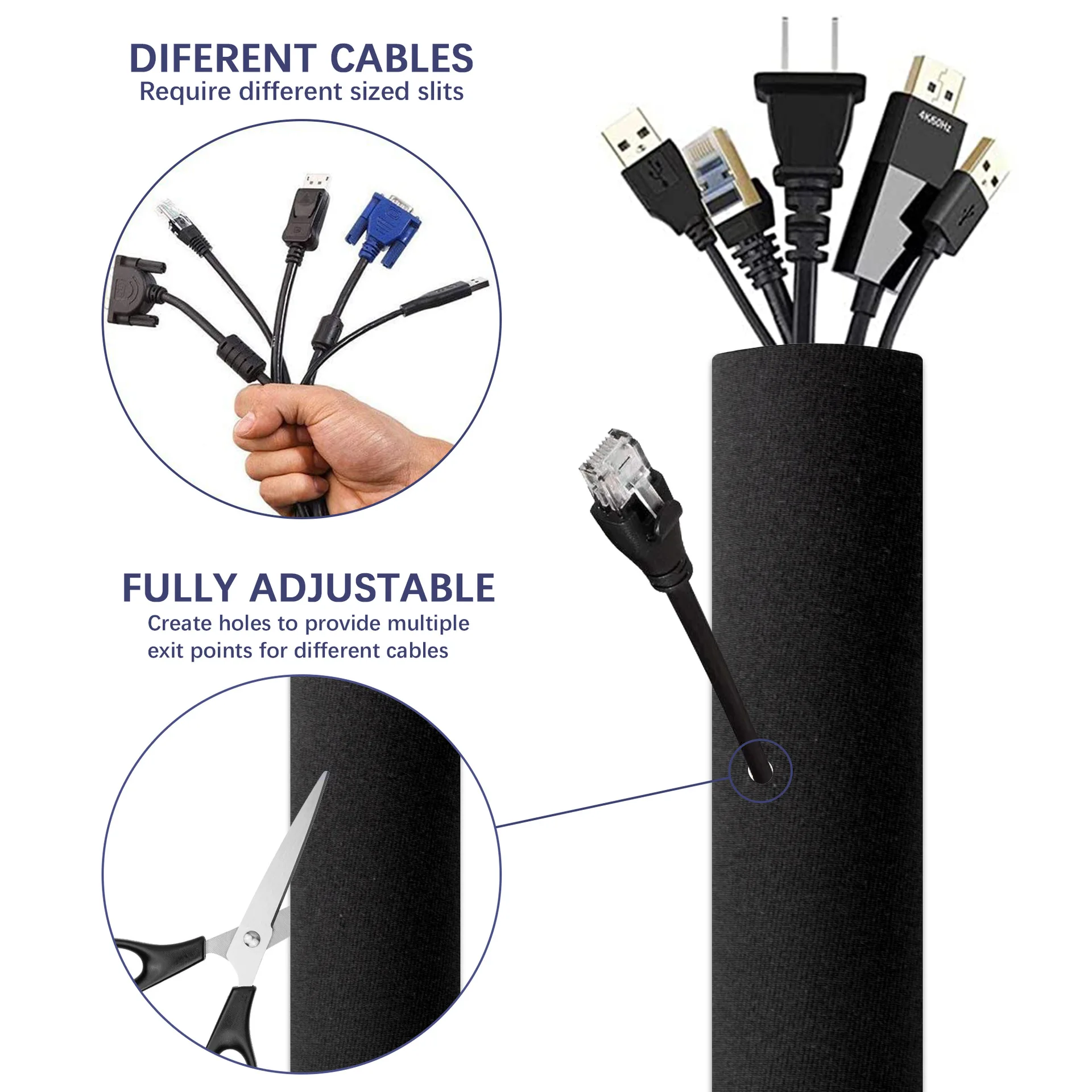 Zipper Cable Sleeve Cord Organizer with Zippers Cables Protector for PC Computer TV Cord Management Wrap Cover Wire Organizers