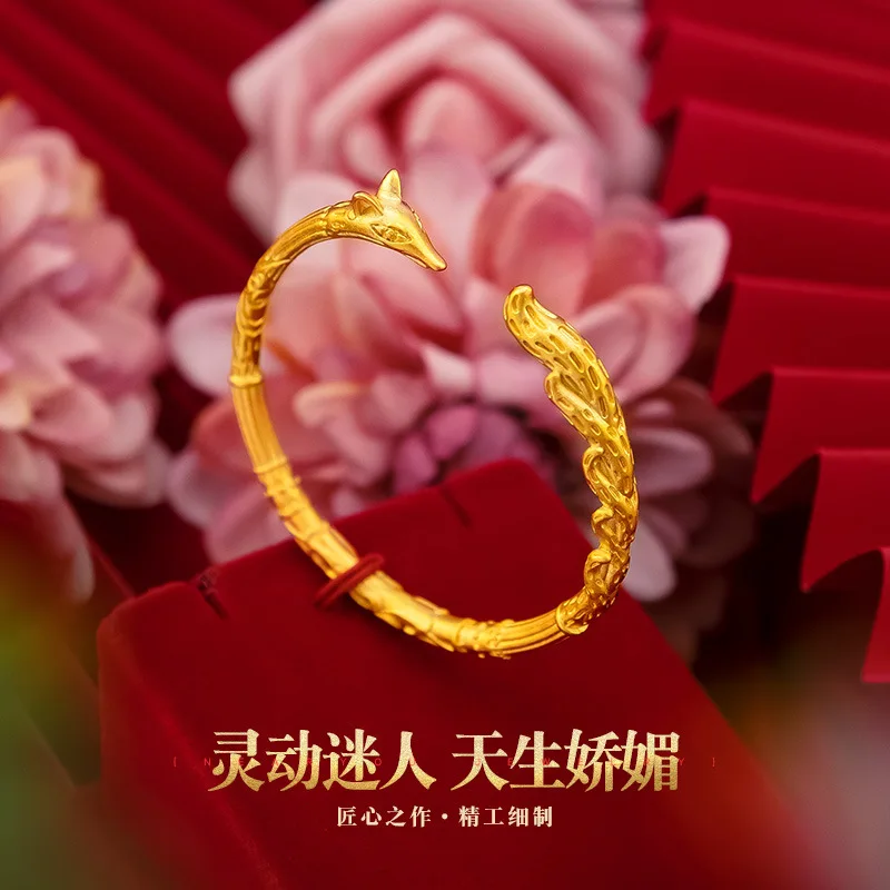 

9999 24K real gold fox carved open mouth bracelet for women, fashionable and versatile bracelet