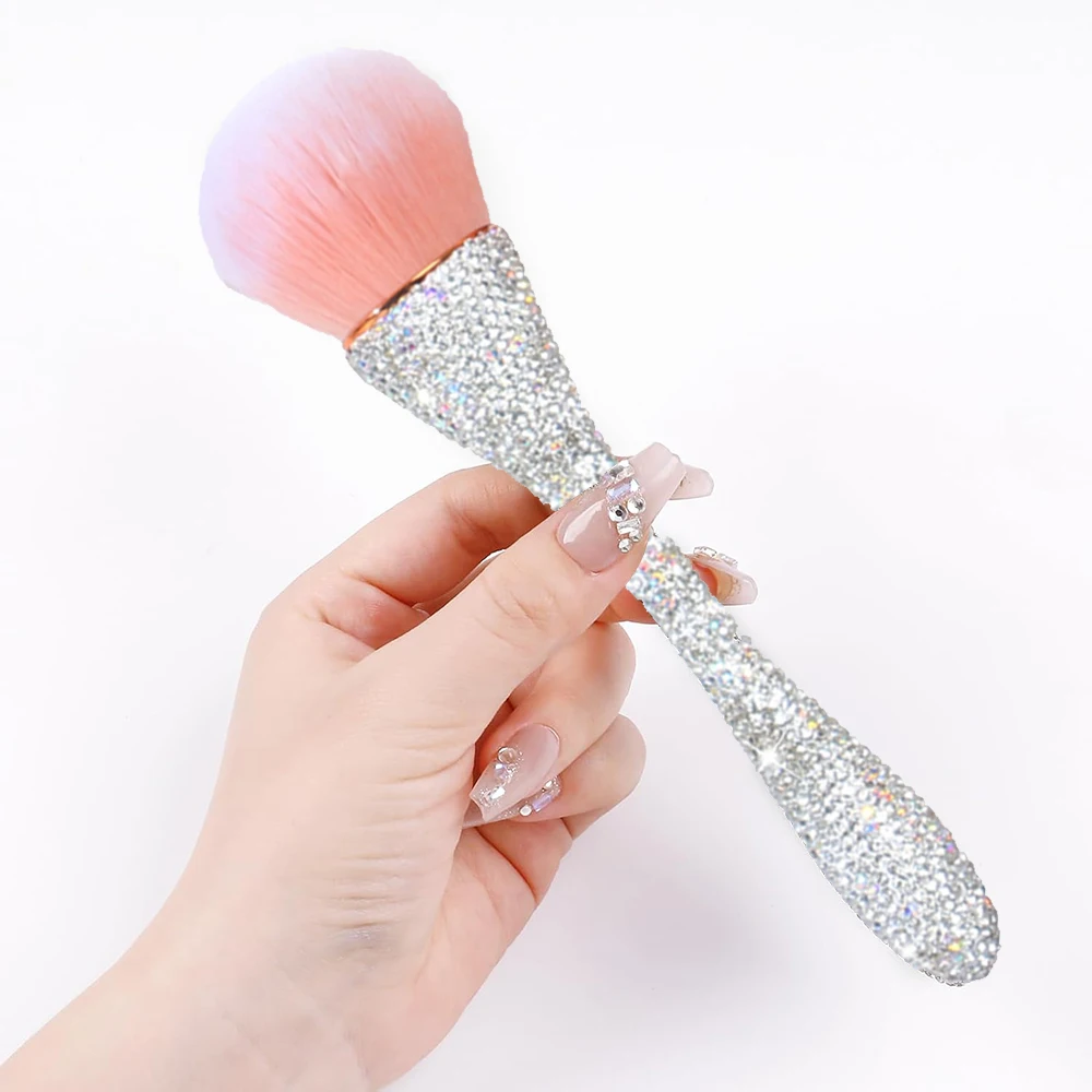 Nail Dust Brush with Shiny Rhinestones Silver/Gold/Pink Dust Brush for Nails Fluffy Nail Duster Cleaner Nails Powder Remover