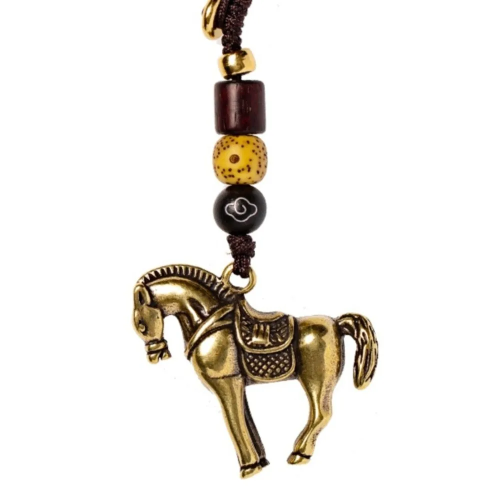 Copper Horse Lucky Bag Pendant Wealth Feng Shui Chinese Zodiac Key Ring Bag Charm Handmade Rope Weaving Key Chains Jewelry Gift