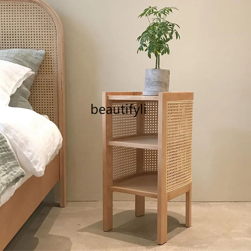 Nordic Full Rattan Woven Side Table Solid Wood Home Chair Ins Bedside Table Indonesia Real Rattan Woven Simple B & B