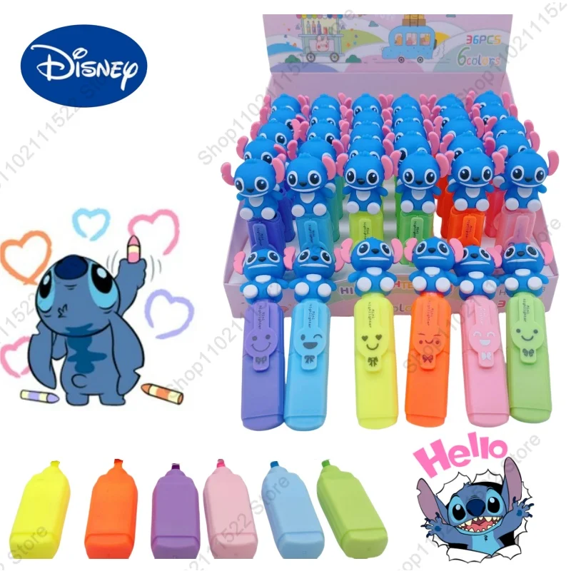 Cute Disney 36pcs Stitch Lilo Mini 6 Color Highlighter Bevel Head Student Color Marker Diy Account Pen Anime Cartoon Stationery