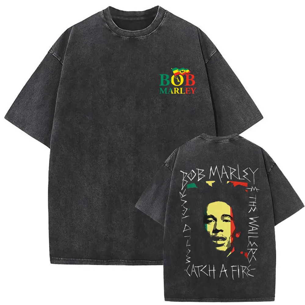 Washed Vintage Reggae Bob Marley Graphic T-shirt Clothing Casual Cotton Retro T Shirt Men's