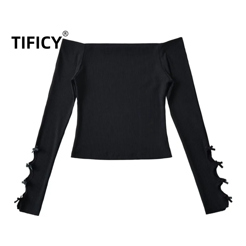 

Spring New Tees Tshirt Tops Product Women's One Shoulder Hollow Design Slim Fit Off Shoulder Long Sleeve Cuff Bow T-shirt Top