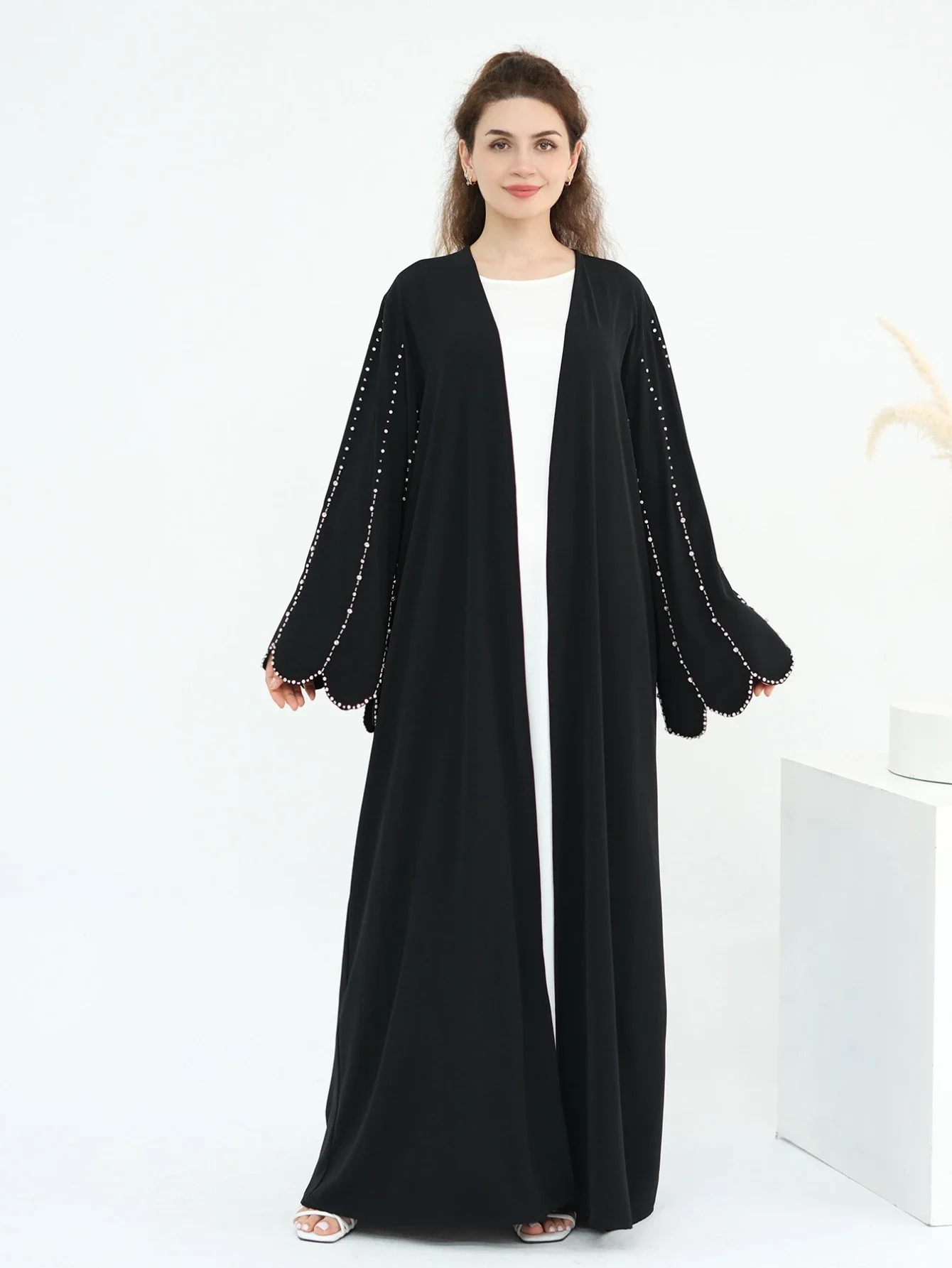 Eid Women Abaya Diamond Beading Sleeve Cardigan Dress Muslim Jalabiya Ramadan Islam Party Arab Long Robe Morocco Dubai Kaftan