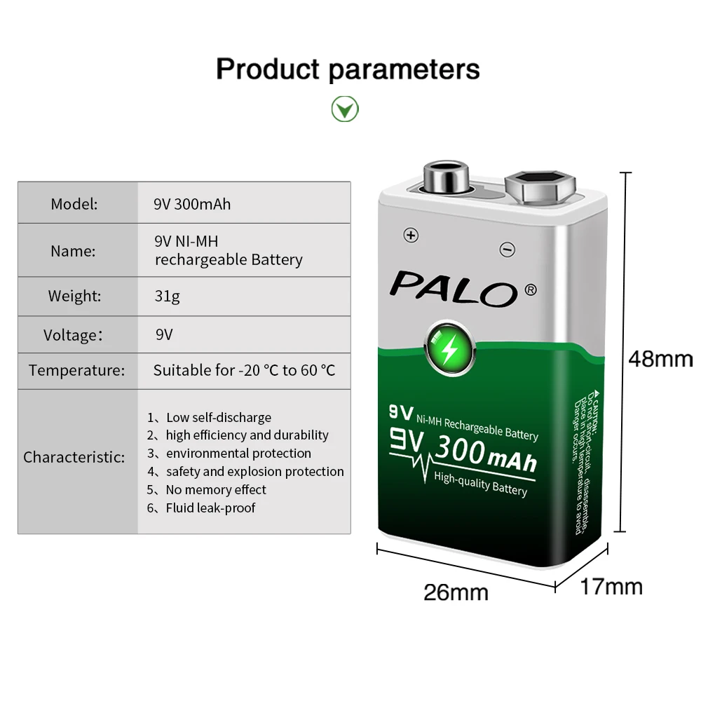 PALO 9V Battery Ni-MH 300mAh 6F22 9 Volt Rechargeable Batteries Nimh Green 9V Rechargeable Battery for Microphone Metal Detector