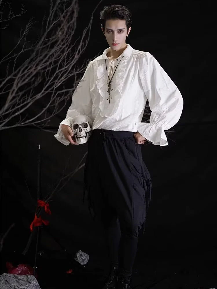 

Zadily 2026 Autumn Mens Medieval Renaissance Pirate Vampire Shirt White Gothic Ruffle Long Sleeve Halloween Cosplay Costume