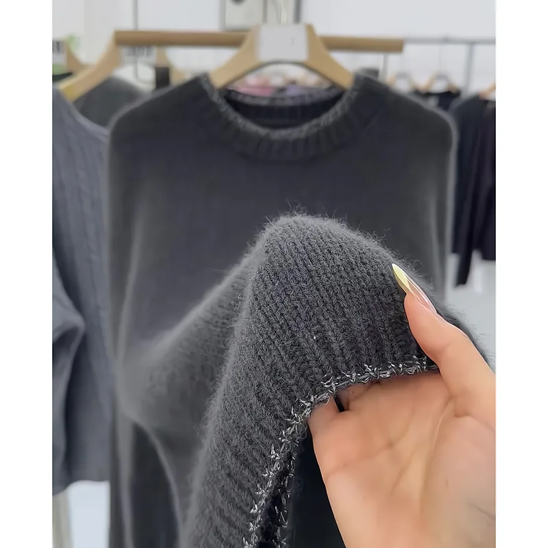 Pullovers Women Sweaters Round Neck Full Sleeve Solid Jumpers Y2k Streetwear Elegant Splice Knit Casual Loose Autumn Winter 2025